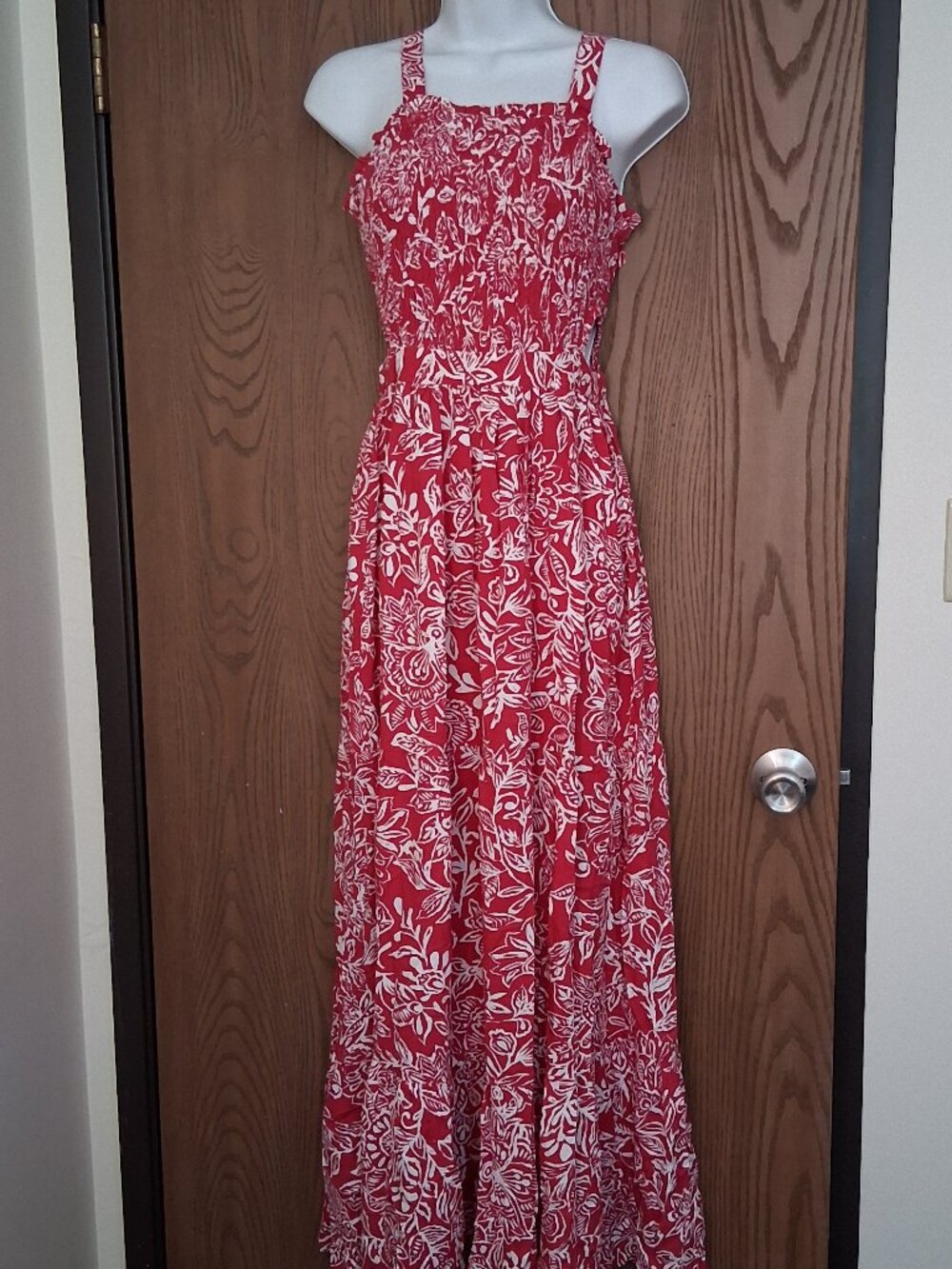 Sincerely Jules Red White Floral Tie Strap Maxi Sundress Medium Rayon Knit